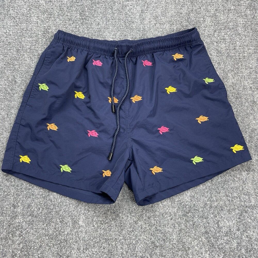Warren Webber Beachwear Swim Trunks Mens Large Navy Embroidered Sea Turtles